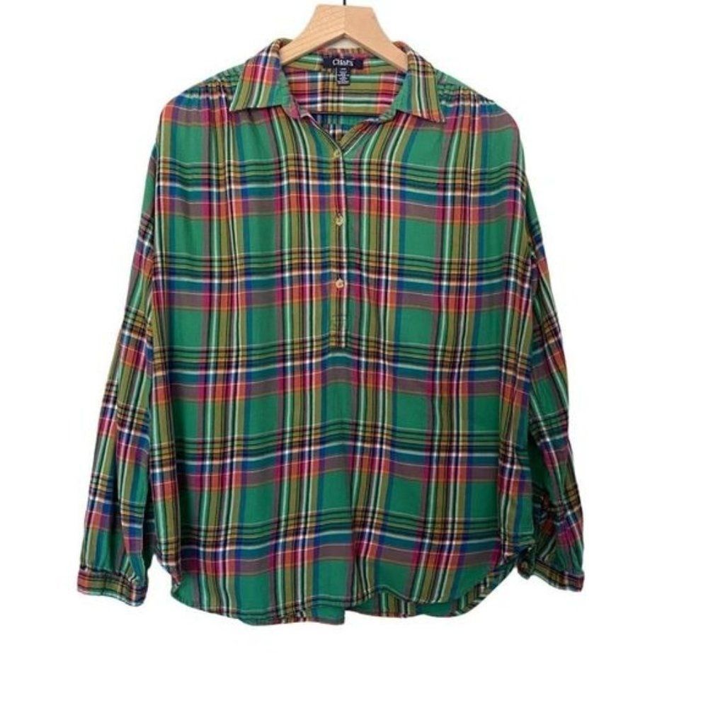 Women's Chaps Denim Large Green Plaid Flannel Tunic Top Long Sleeve